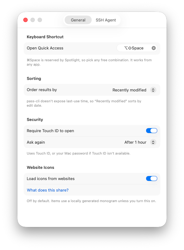 Settings window